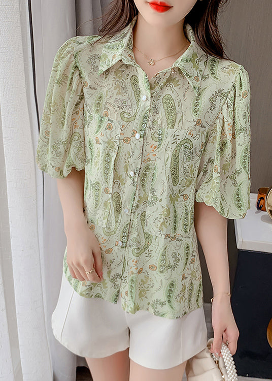 Elegant Green Peter Pan Collar Print Chiffon Shirt Top Lantern Sleeve