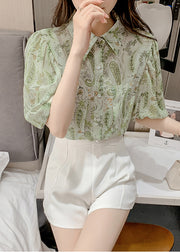 Elegant Green Peter Pan Collar Print Chiffon Shirt Top Lantern Sleeve