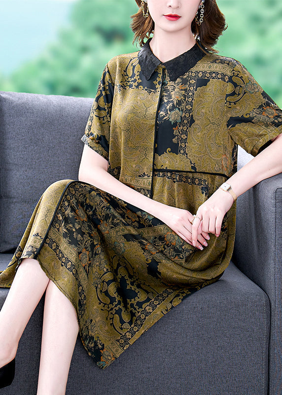 Elegant Green Peter Pan Collar Print Silk Dress Summer