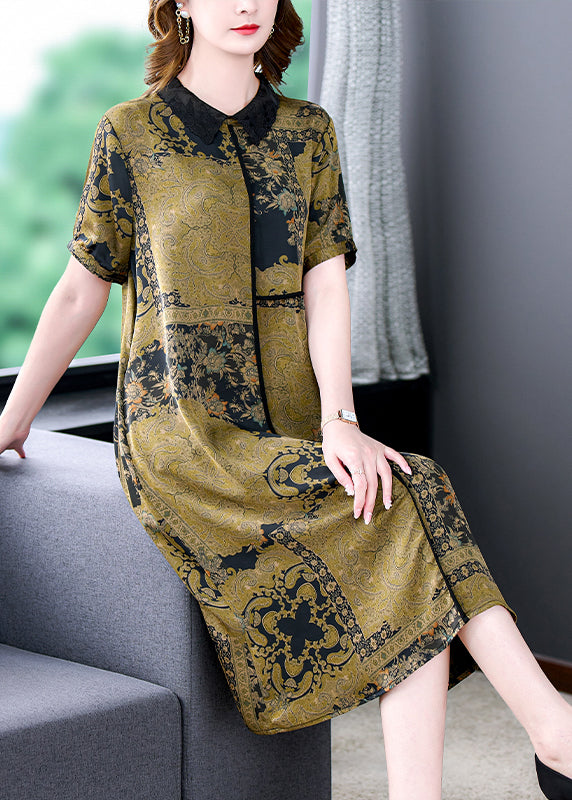 Elegant Green Peter Pan Collar Print Silk Dress Summer