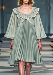 Elegant Green Peter Pan Collar Wrinkled Chiffon Mid Dresses Summer