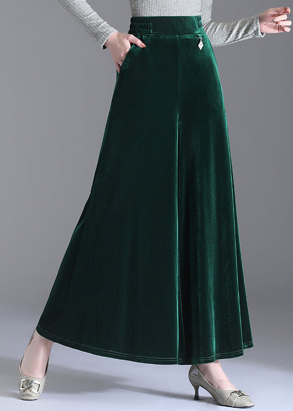 Elegant Green Pockets Elastic Waist Velour Wide Leg Pants Fall