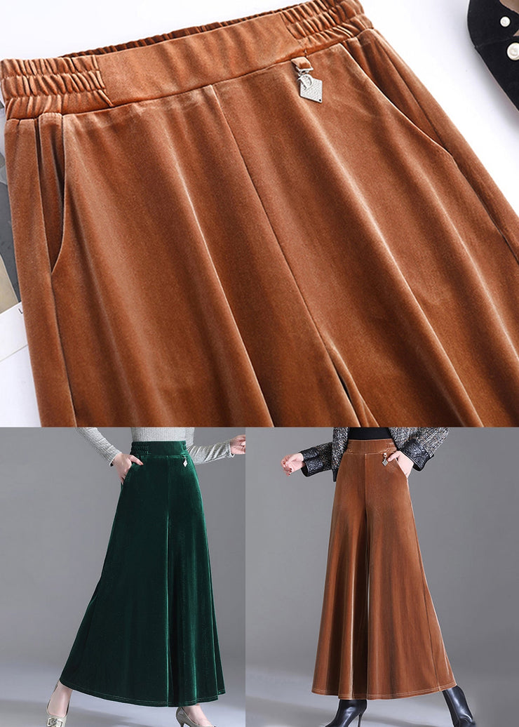 Elegant Green Pockets Elastic Waist Velour Wide Leg Pants Fall