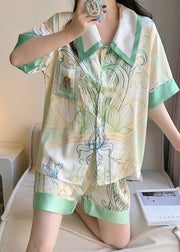 Elegant Green Print Button Shirt And Shorts Ice Silk Pajamas Two Pieces Set Summer