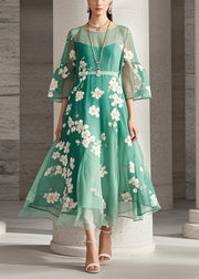 Elegant Green Print Chiffon Long Dresses Summer