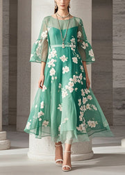 Elegant Green Print Chiffon Long Dresses Summer