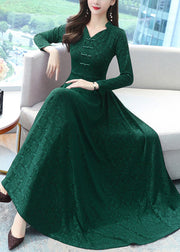 Elegant Green Print Chinese Button Cotton Long Dresse Spring