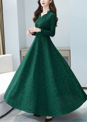 Elegant Green Print Chinese Button Cotton Long Dresses