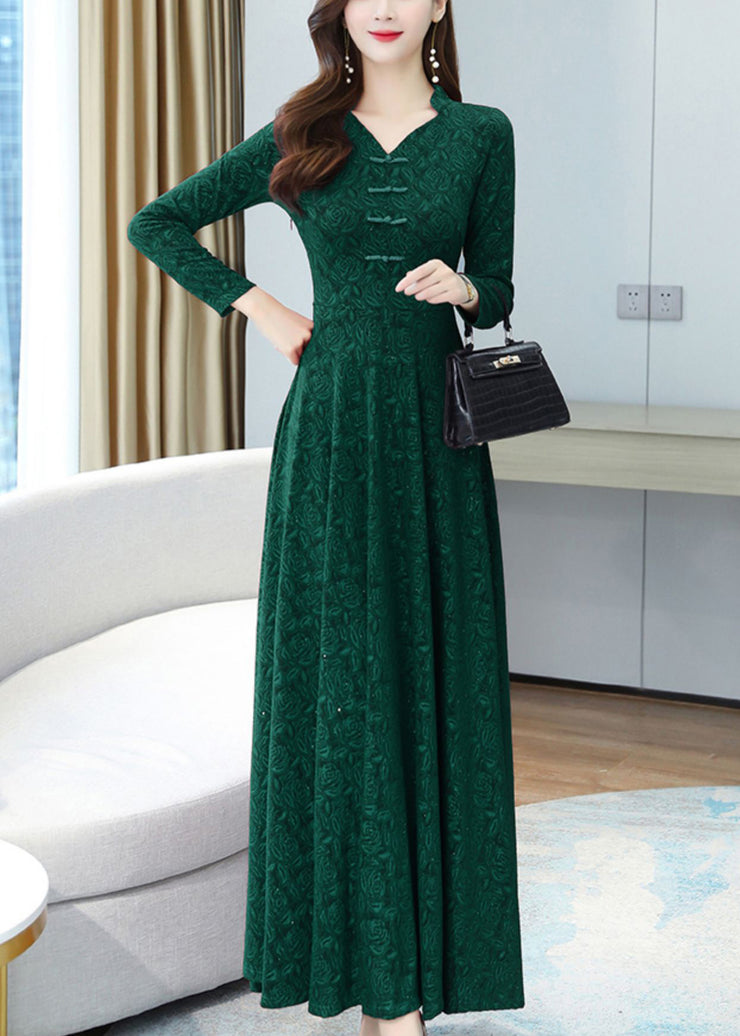 Elegant Green Print Chinese Button Cotton Long Dresse Spring