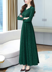 Elegant Green Print Chinese Button Cotton Long Dresse Spring