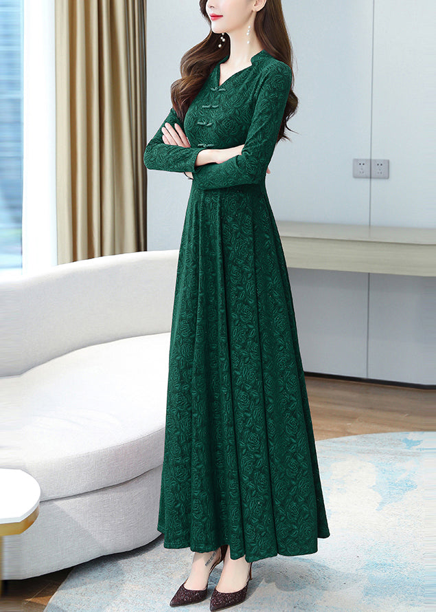 Elegant Green Print Chinese Button Cotton Long Dresses