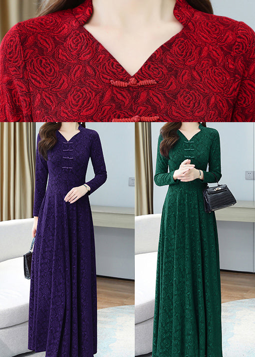 Elegant Green Print Chinese Button Cotton Long Dresse Spring