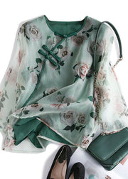 Elegant Green Print Chinese Button Patchwork Tulle T Shirt Summer