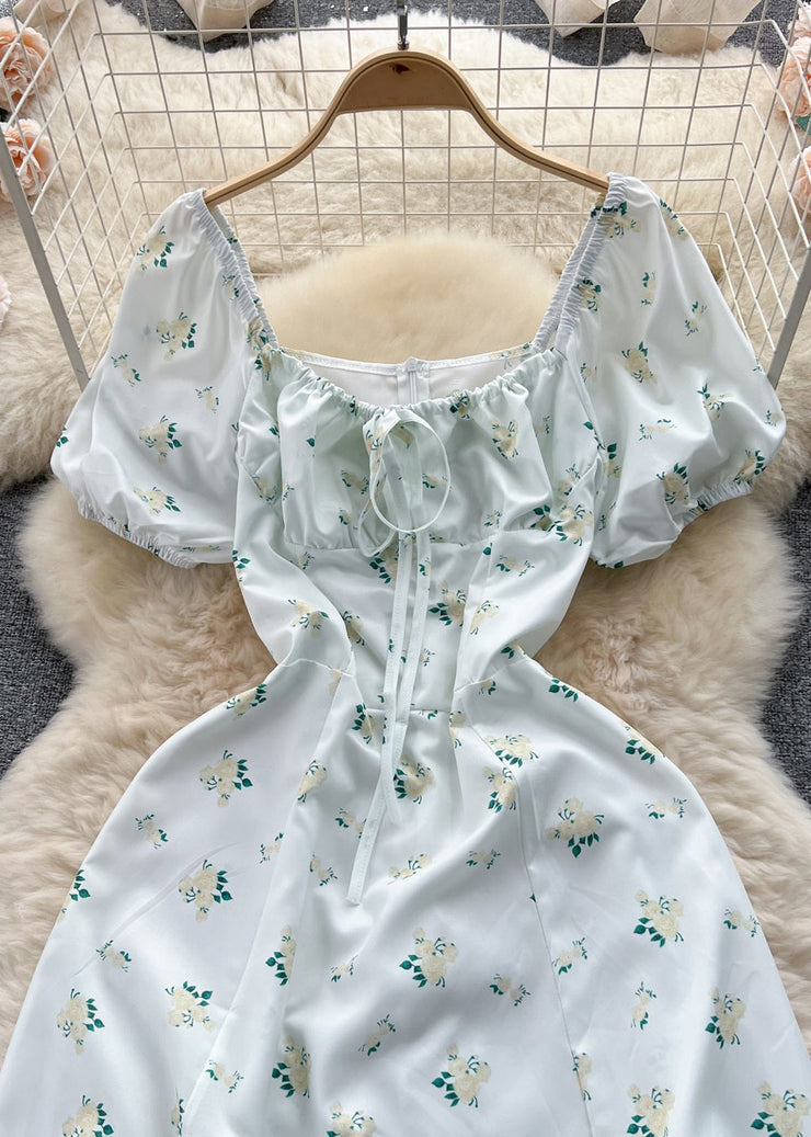 Elegant Green Print Lace Up Cotton Dresses Summer