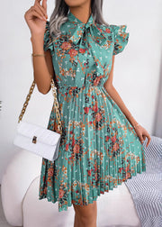 Elegant Green Print Lace Up Cotton Mid Dress Summer