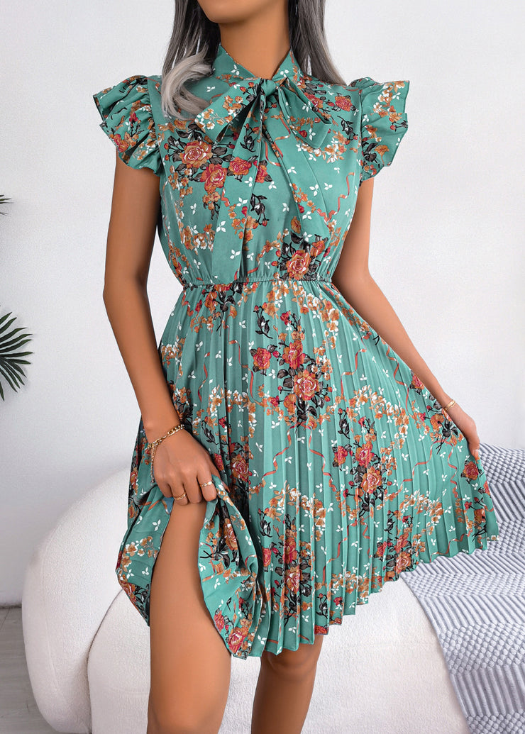 Elegant Green Print Lace Up Cotton Mid Dress Summer