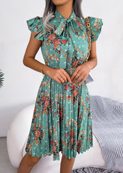 Elegant Green Print Lace Up Cotton Mid Dress Summer