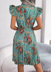 Elegant Green Print Lace Up Cotton Mid Dress Summer