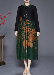 Elegant Green Print Peter Pan Collar Silk Long Dresses Fall