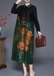 Elegant Green Print Peter Pan Collar Silk Long Dresses Fall