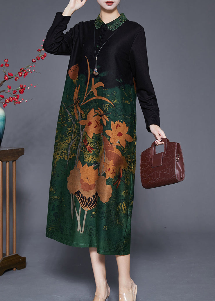 Elegant Green Print Peter Pan Collar Silk Long Dresses Fall