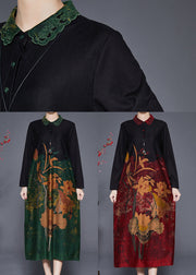 Elegant Green Print Peter Pan Collar Silk Long Dresses Fall