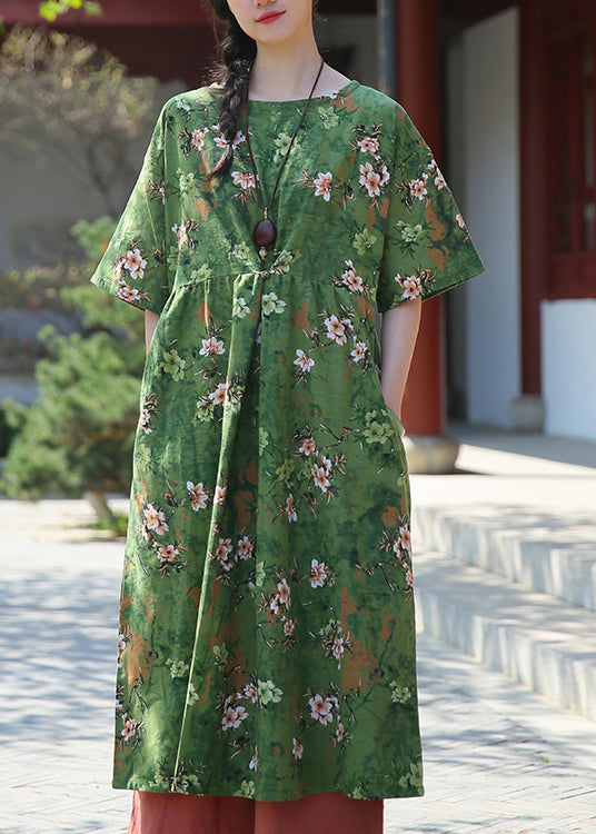 Elegant Green Print Pockets Patchwork Cotton Dresses Summer