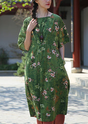 Elegant Green Print Pockets Patchwork Cotton Dresses Summer