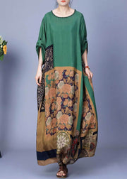 Elegant Green Print Pockets Silk Maxi Dresses Spring