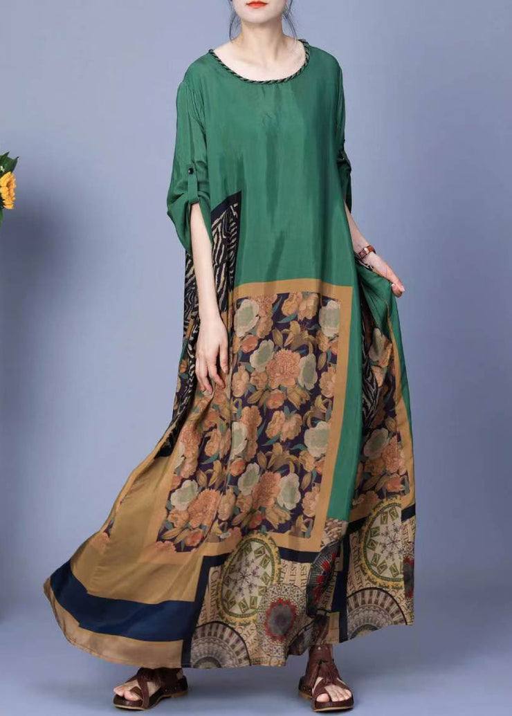 Elegant Green Print Pockets Silk Maxi Dresses Spring