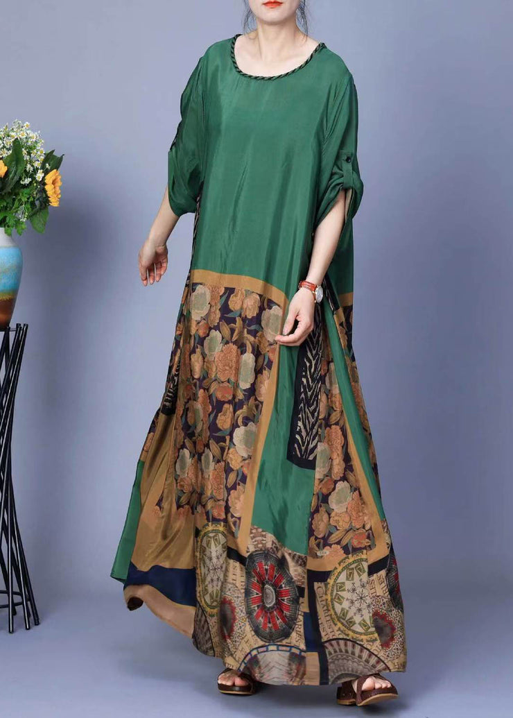 Elegant Green Print Pockets Silk Maxi Dresses Spring