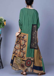 Elegant Green Print Pockets Silk Maxi Dresses Spring