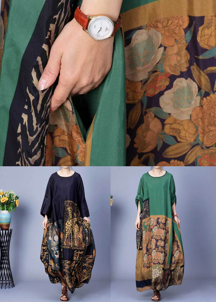 Elegant Green Print Pockets Silk Maxi Dresses Spring