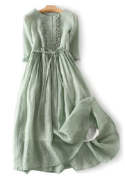 Elegant Green Ruffled Button Tie Waist Cotton Long Dress Half Sleeve