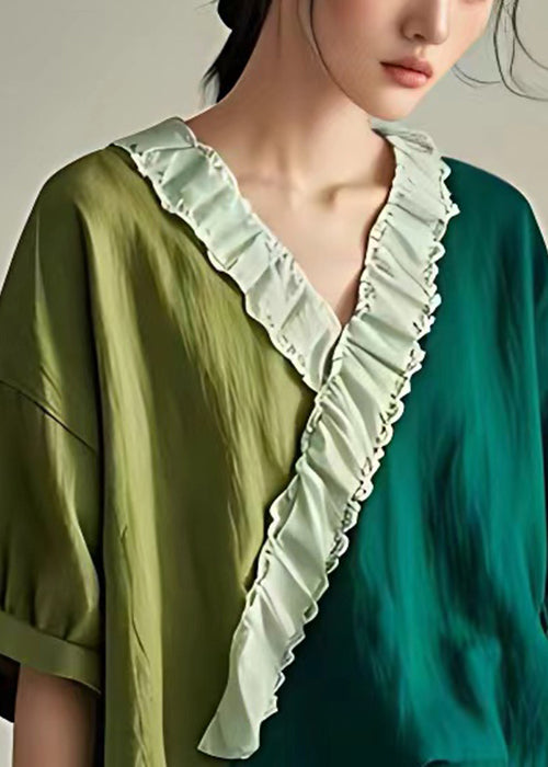 Elegant Green Ruffled Patchwork Cotton T Shirt Summer