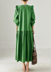 Elegant Green Ruffled Patchwork Wrinkled Cotton Dress Spring
