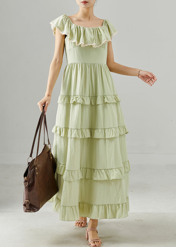 Elegant Green Ruffled Silm Fit Cotton Long Dress Summer