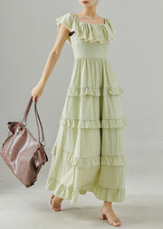 Elegant Green Ruffled Silm Fit Cotton Long Dress Summer