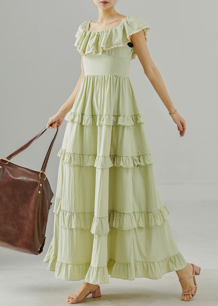 Elegant Green Ruffled Silm Fit Cotton Long Dress Summer