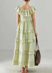 Elegant Green Ruffled Silm Fit Cotton Long Dress Summer