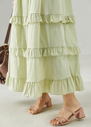 Elegant Green Ruffled Silm Fit Cotton Long Dress Summer