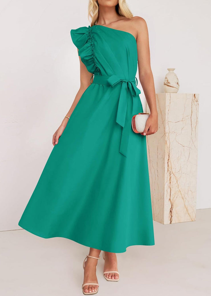 Elegant Green Ruffled Tie Waist Cotton Long Dress Summer