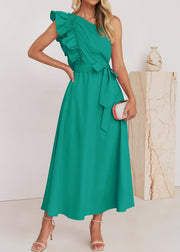 Elegant Green Ruffled Tie Waist Cotton Long Dress Summer