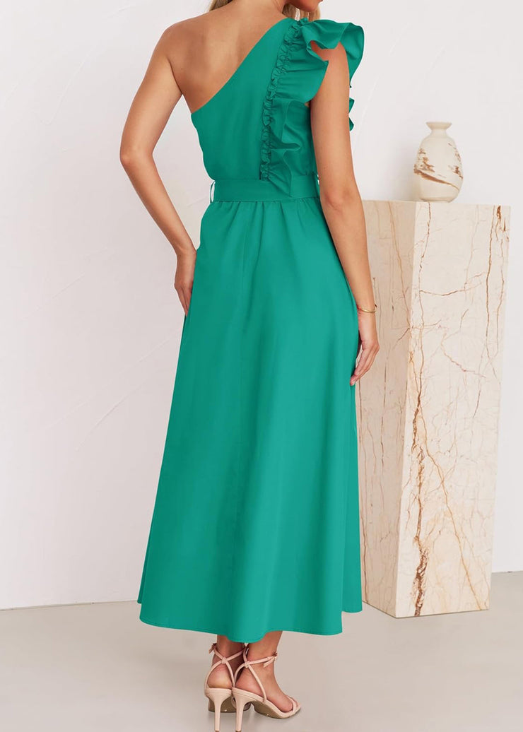 Elegant Green Ruffled Tie Waist Cotton Long Dress Summer