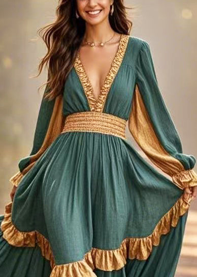 Elegant Green Ruffles Patchwork Exra Large Hem Cotton Party Dress Spring