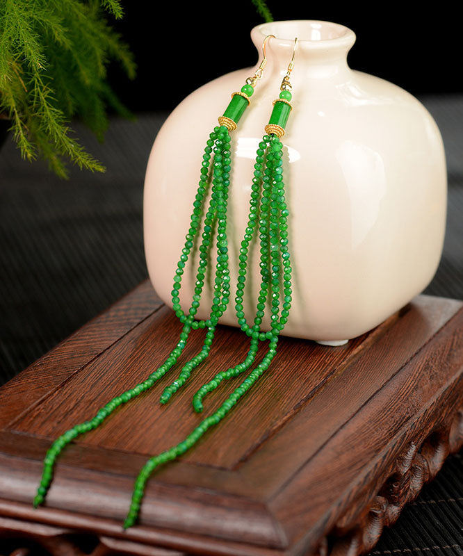 Elegant Green Silver Agate Jadeite Dry Green Tassel Drop Earrings