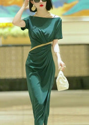 Elegant Green Slash Neck Slim Fit Cotton Dress Summer