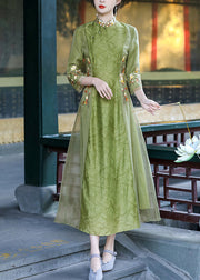 Elegant Green Stand Collar Embroideried Button Tulle Silk Dress Long Sleeve