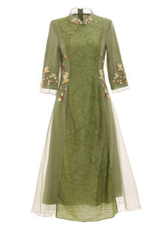 Elegant Green Stand Collar Embroideried Button Tulle Silk Dress Long Sleeve