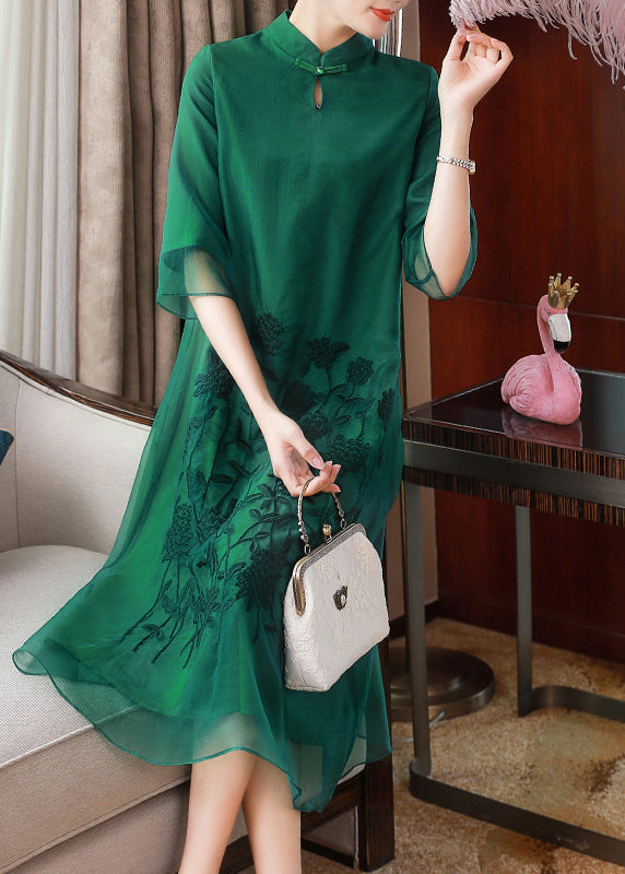 Elegant Green Stand Collar Embroideried Floral Button Tulle Long Dresses Half Sleeve